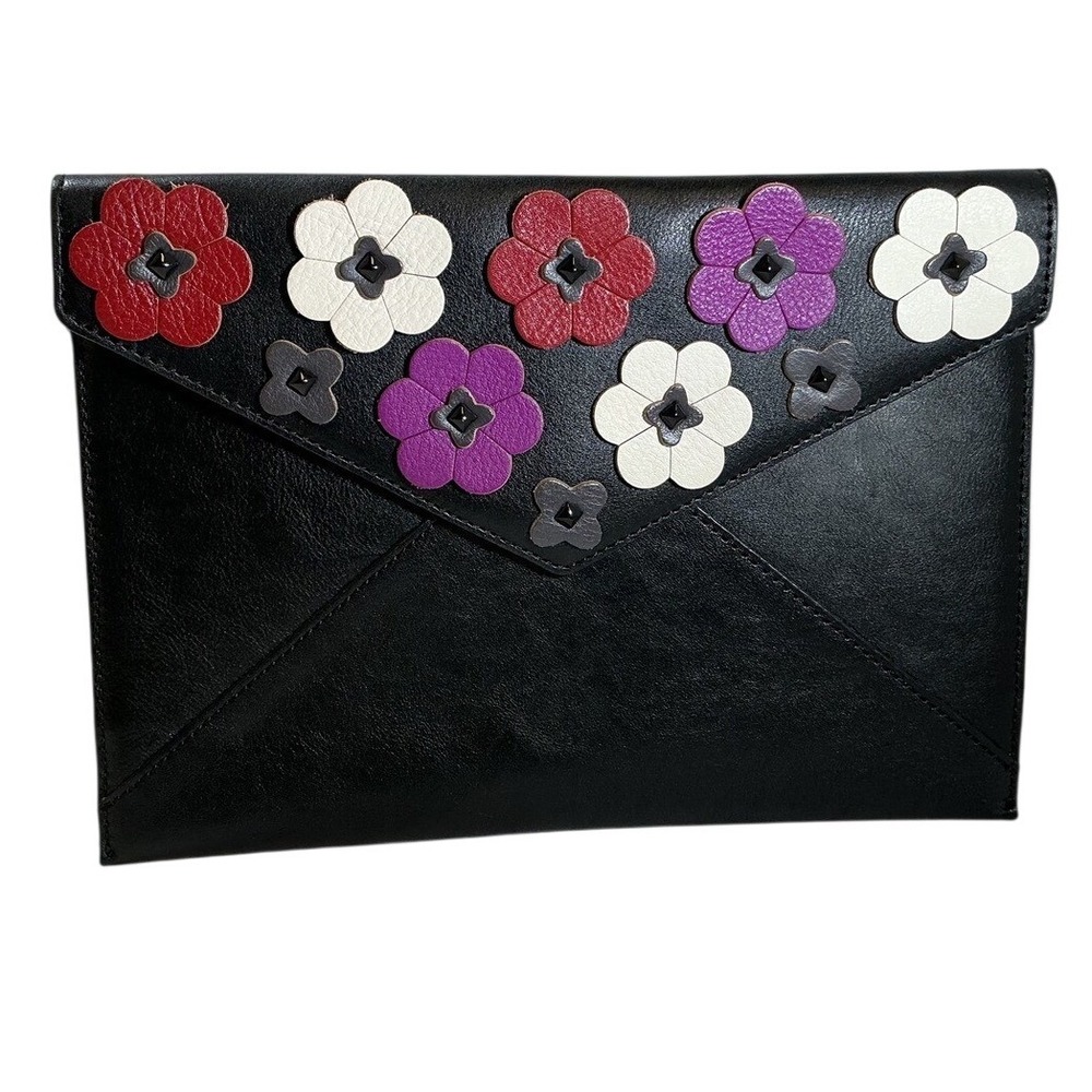 Rebecca Minkoff Leo‎ Envelope Clutch Black Leather Floral Applique Handbag